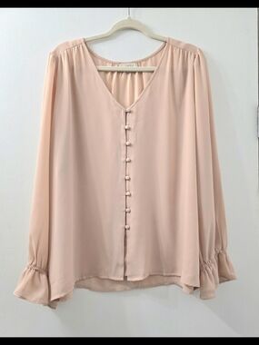 LOFT Romantic Balletcore Blush Pink Blouse Sz XL Button Loop Ruffle Sleeve Chic